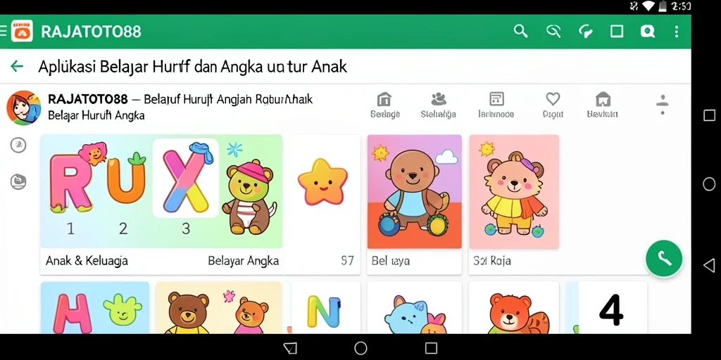 Antarmuka aplikasi RAJATOTO88 yang interaktif untuk belajar huruf dan angka.
