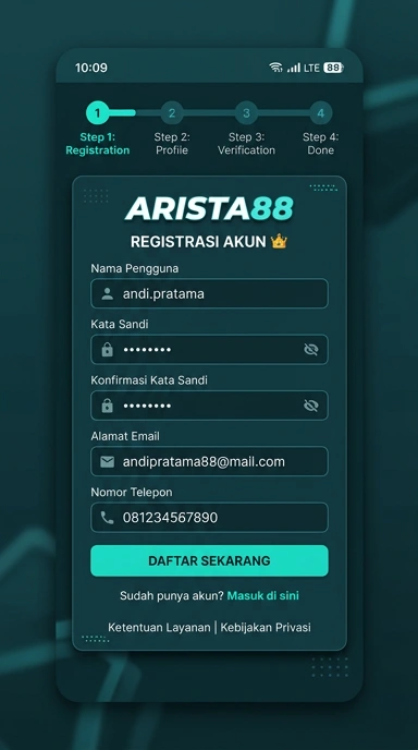 Tampilan halaman daftar arista88